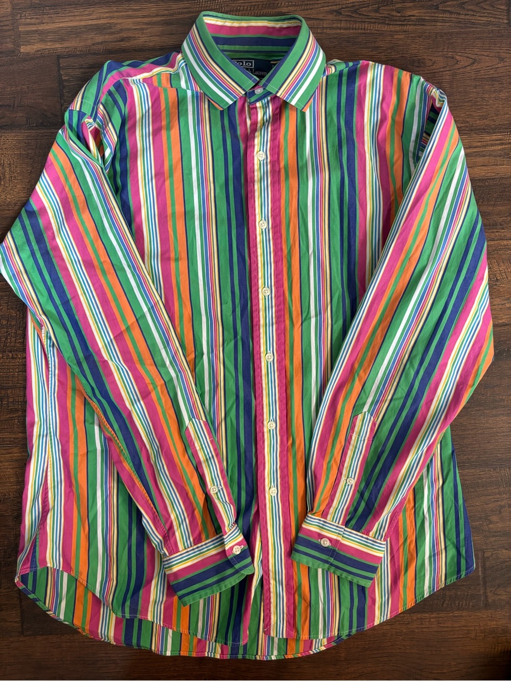 Vintage 90s Ralph Lauren Mens Large Faded Rainbow Striped Collared Button Shirt
